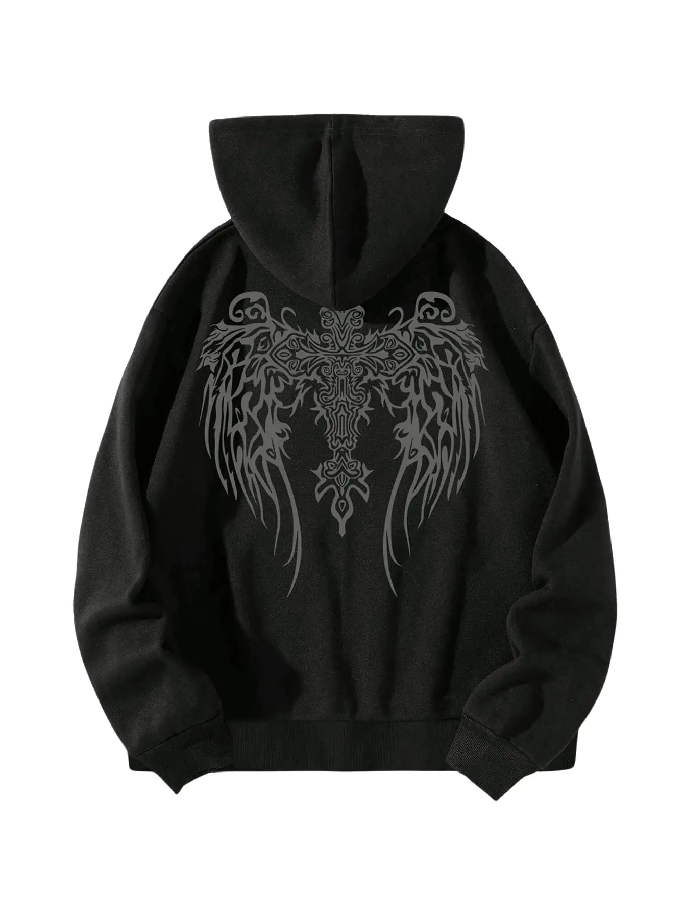 SHENHE Mens Zip Up Hoodie Wings Cross Print Graphic Goth Hoodie Sweatshirt with Pockets Black X-Large